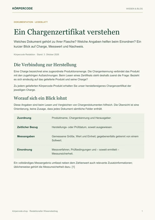 Vorschau des Körpercode-Wissensblatts Ein Chargenzertifikat verstehen